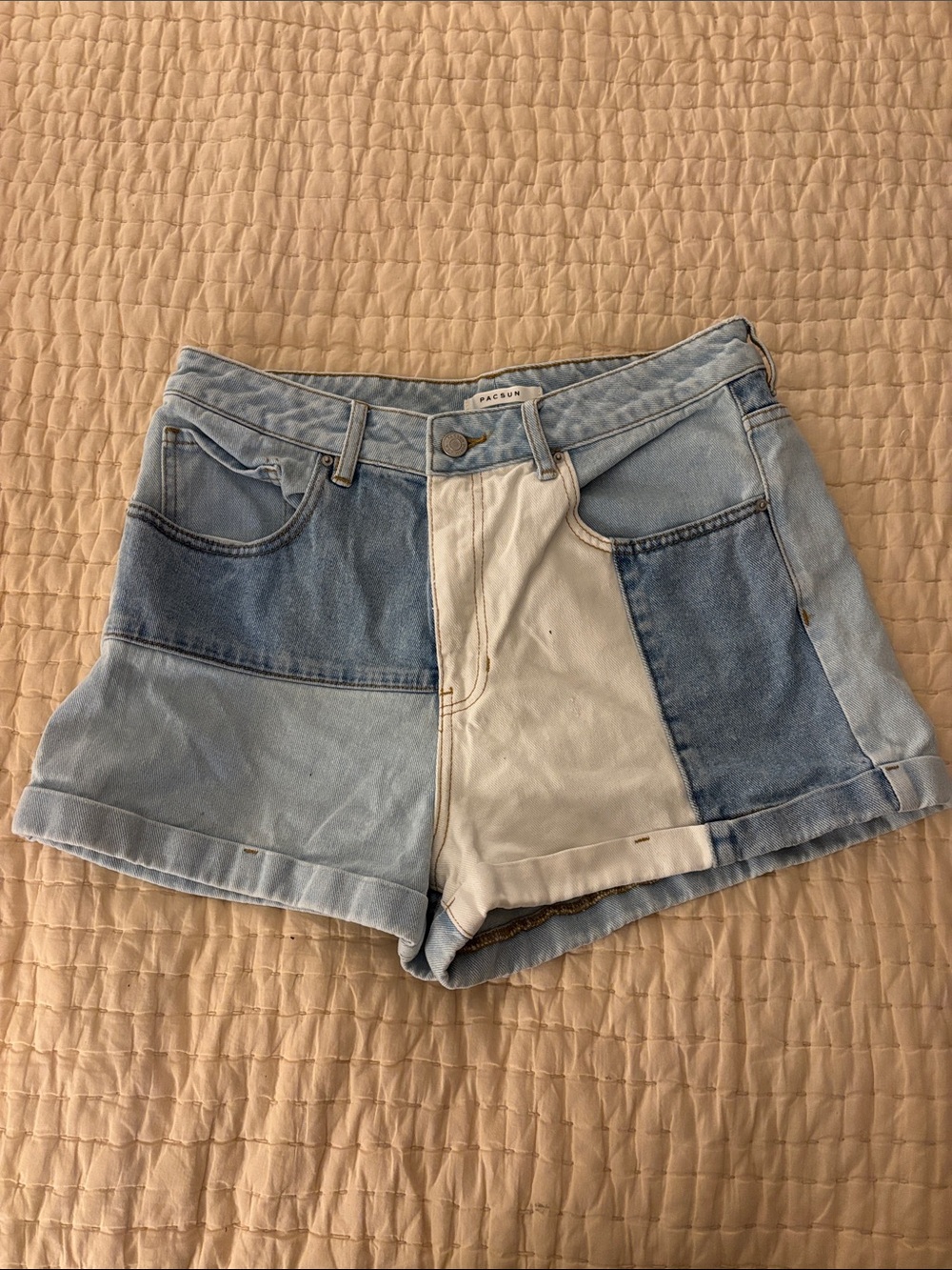 PacSun Two-Tone Patchwork Denim Mom Shorts in Light Blue and White